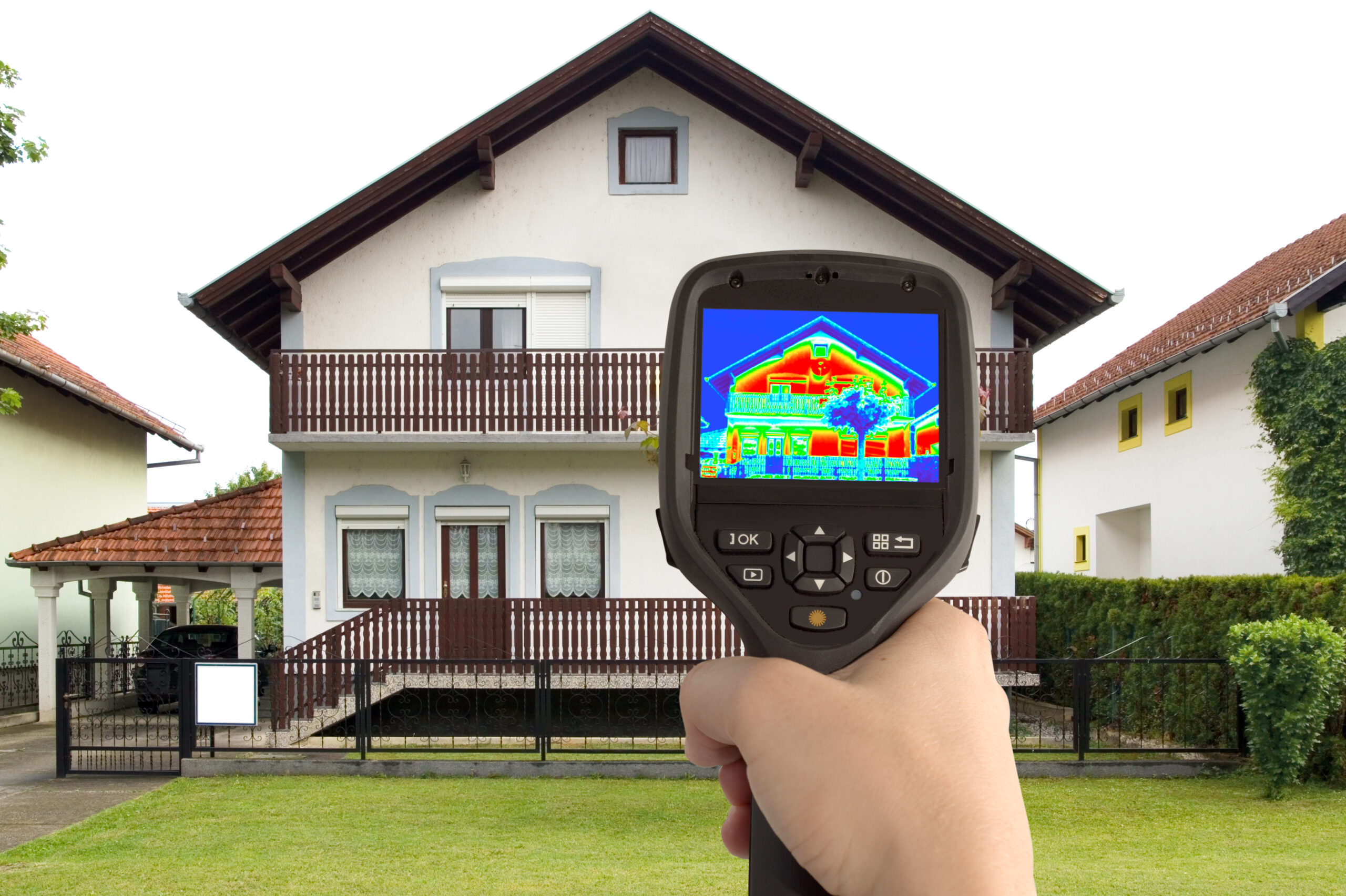 Exterior view of two-story home and lawn; hand holding infrared imaging gun in foreground shows heatmap of front facade