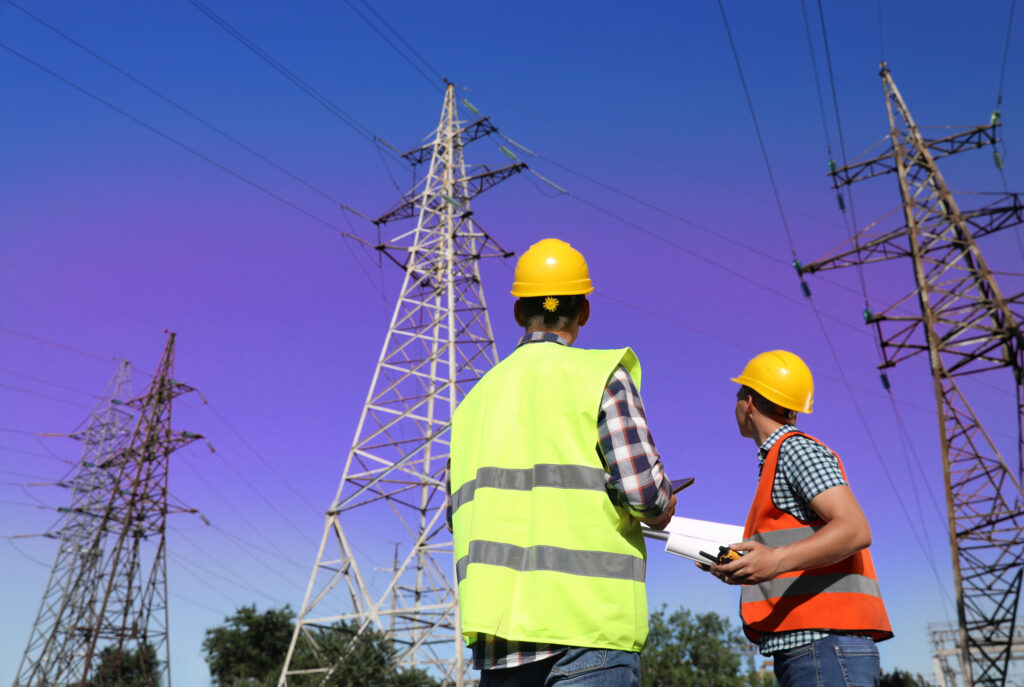 Two professional electricians in neon vests and hardhats look up at electrical towers and lines against a blue sky. Working to decarbonize the grid