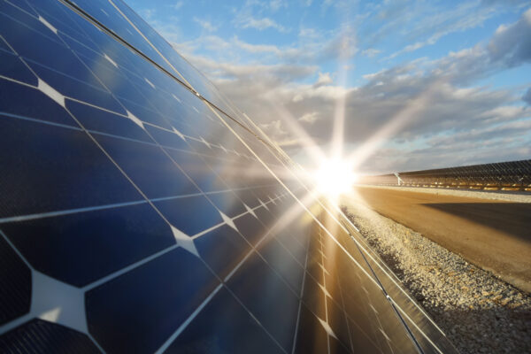 closeup of solar panel on solar farm with bright sun and rays encircling; solar can decarbonize the grid - Photo