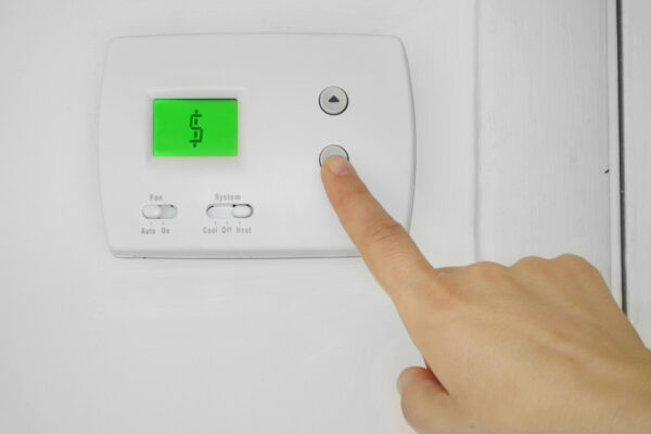 Person adjusting a wall thermostat with dollar sign symbol on the display - closeup photo