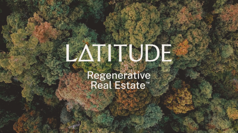 Latitude Regnerative Real Estate logo; white type on aerial view of colorful trees