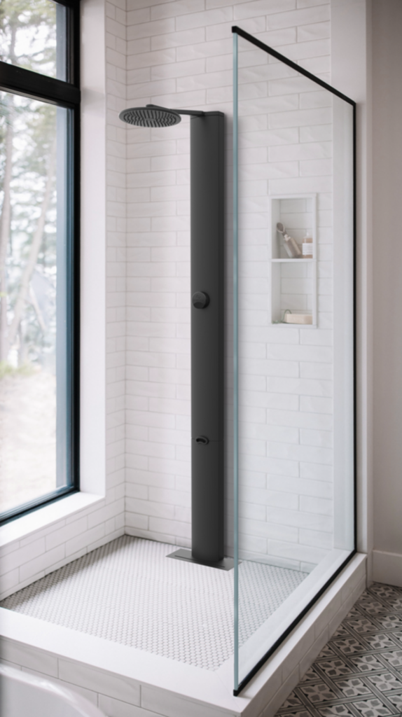 Rainstick water-saver shower in white-tile and glass walk-in shower - photo