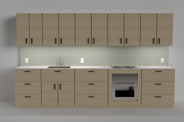 Quick kitchen retrofit assembly - kit of parts - with sink, electric cooktop , and oven in light finsih with undercabinet lighting; show against white background - photo
