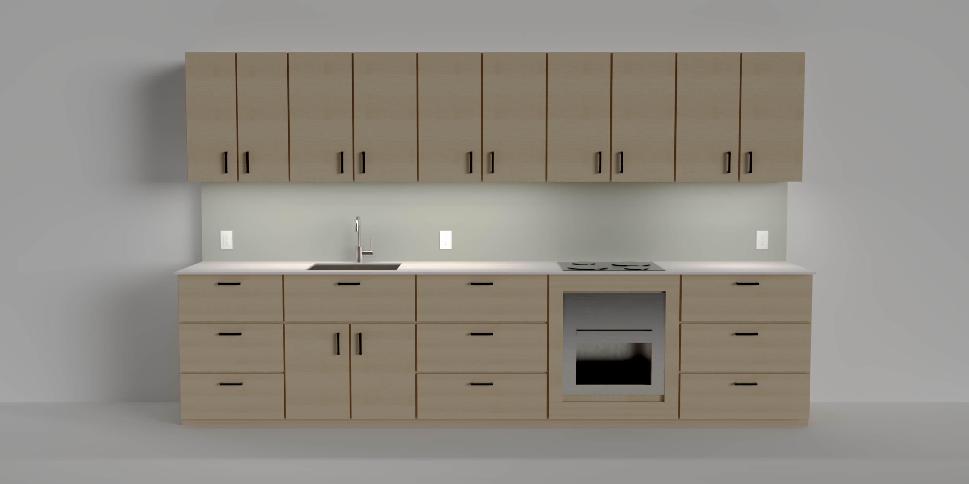 Quick kitchen retrofit assembly - kit of parts - with sink, electric cooktop , and oven in light finsih with undercabinet lighting; show against white background - photo