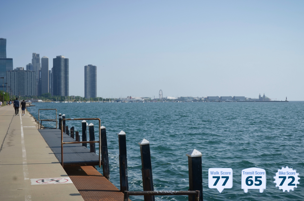 outdoor view of people walking along Lake Michigan pier with beautiful views of Lake Michigan and Chicago; text show Walk Score - photo