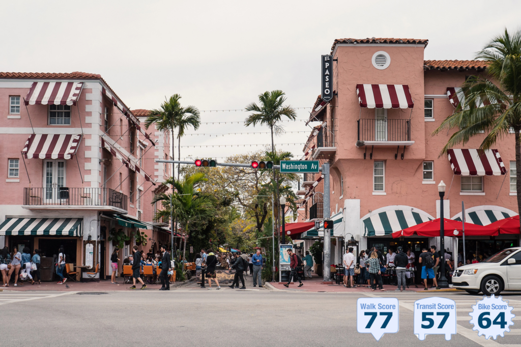 outdoor view of bustling street with many pedestrians street with car traffic in foreground and in the background a clocked of street with outdoor cafes; signs read Washington Ave and El Paseo; embedded text reads Walk Score of 77 - photo