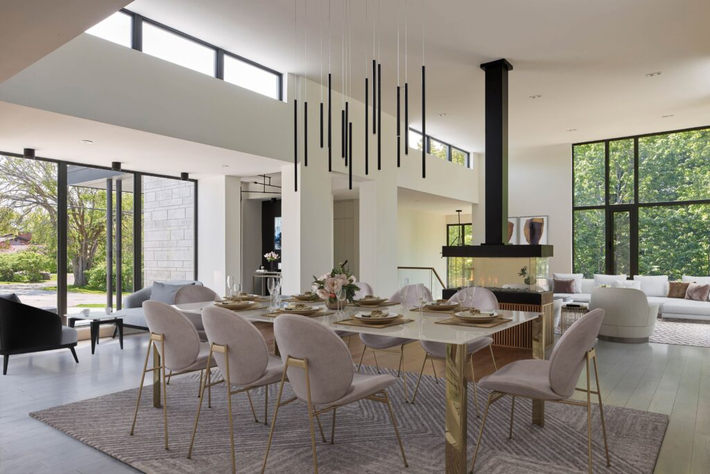 interior view of modern double-height dining room with cylinder chandelier, large windows,and clerestories - photo